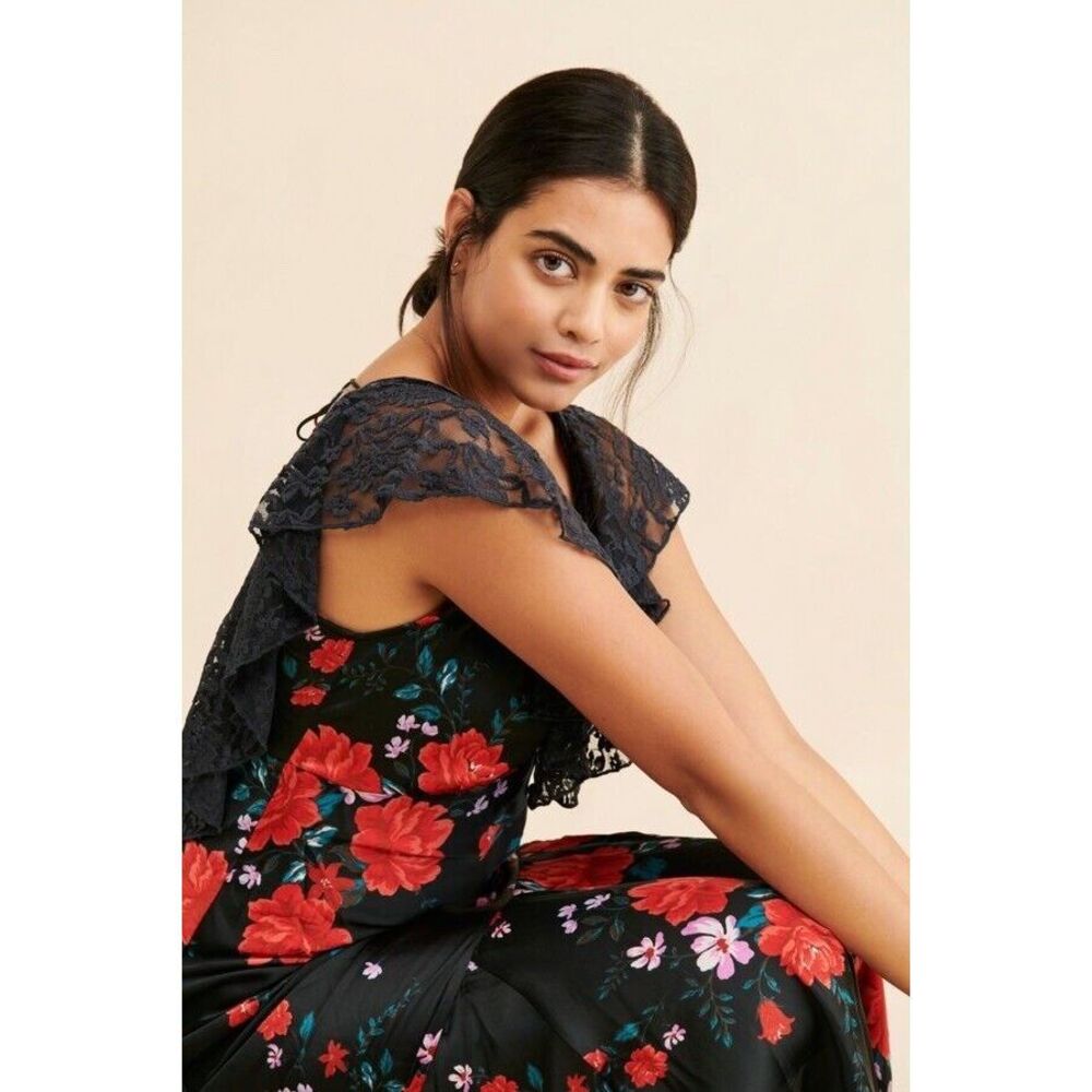 NWT Free People Warm Hearts Floral Lace Neckline Asymmetrical Midi Dress Xs - Picture 2 of 10